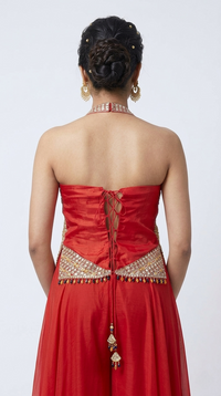 RED SEQUINS EMBELLSHED HALTER NECK SHARARA SET