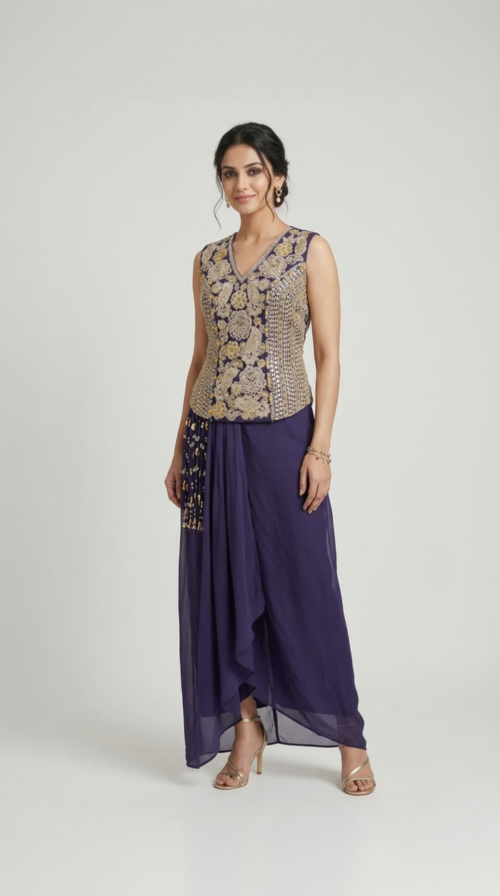 PURPLE SEQUINS EMBELLISHED SKIRT & TOP SET