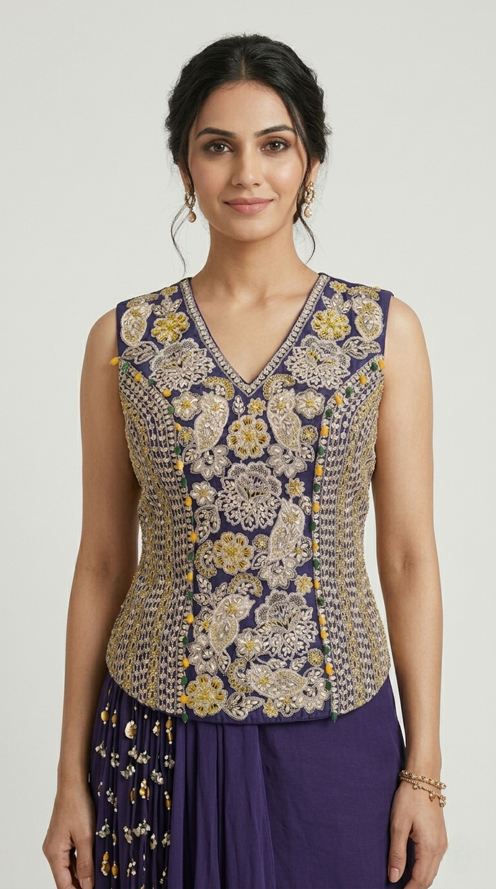 PURPLE SEQUINS EMBELLISHED SKIRT & TOP SET