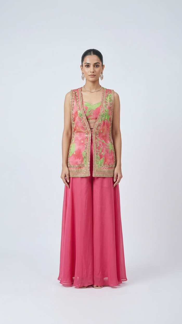 PINK EMBROIDERED CAPE SHARARA SET