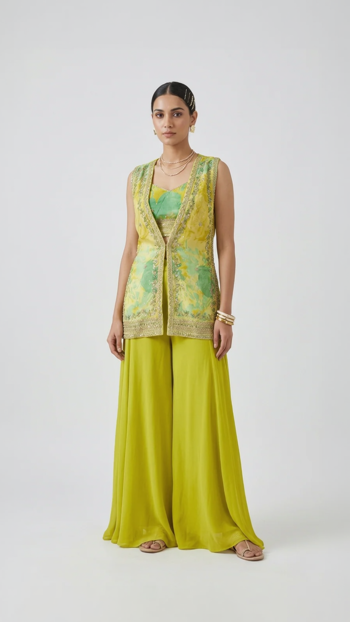 LIME EMBROIDERED CAPE SHARARA SET