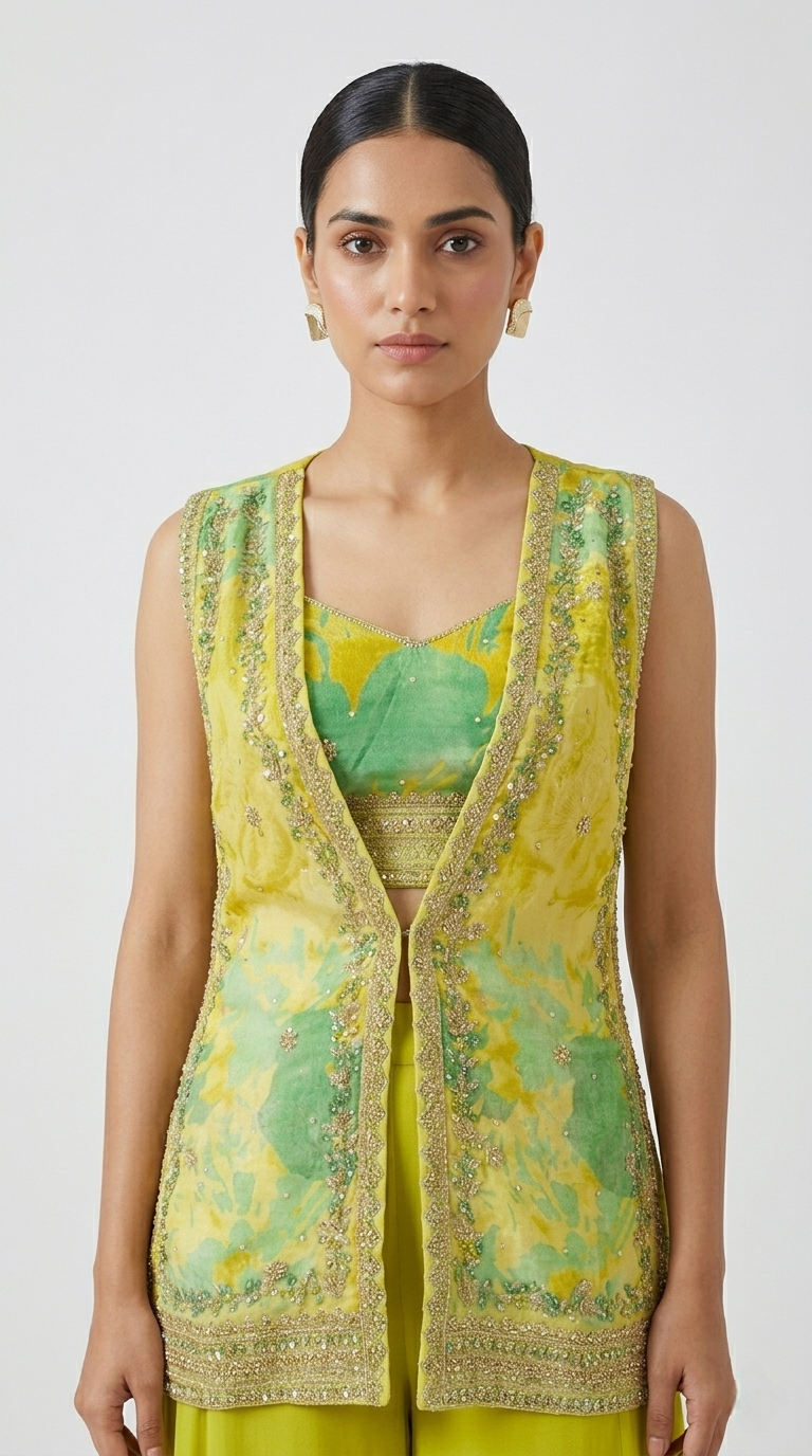 LIME EMBROIDERED CAPE SHARARA SET