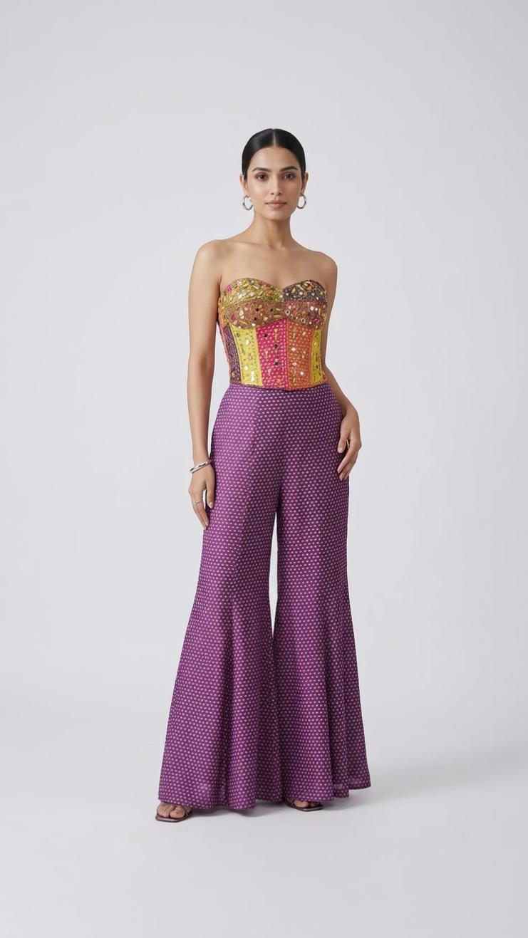PURPLE CORSET BELL BOTTOM SHARARA SET