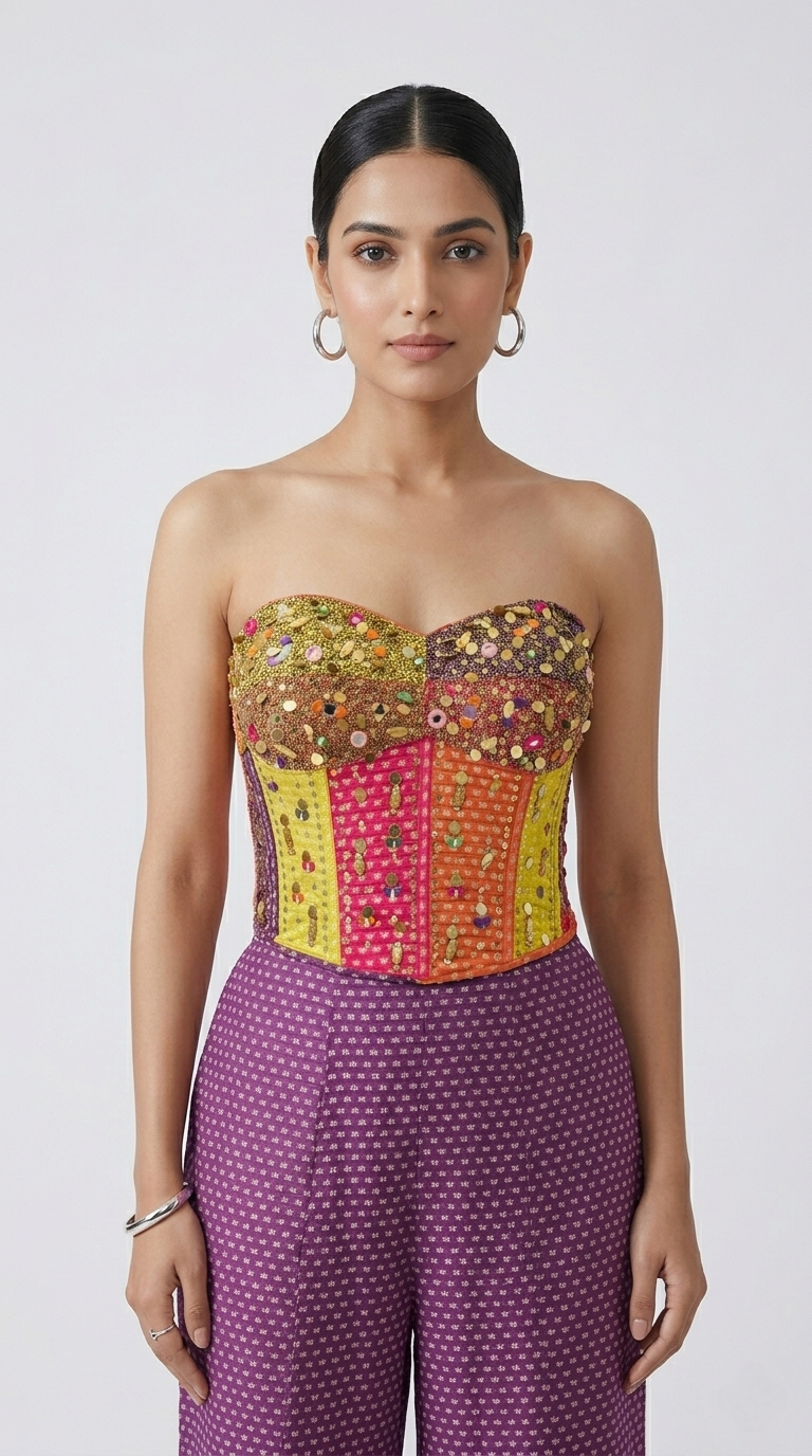 PURPLE CORSET BELL BOTTOM SHARARA SET