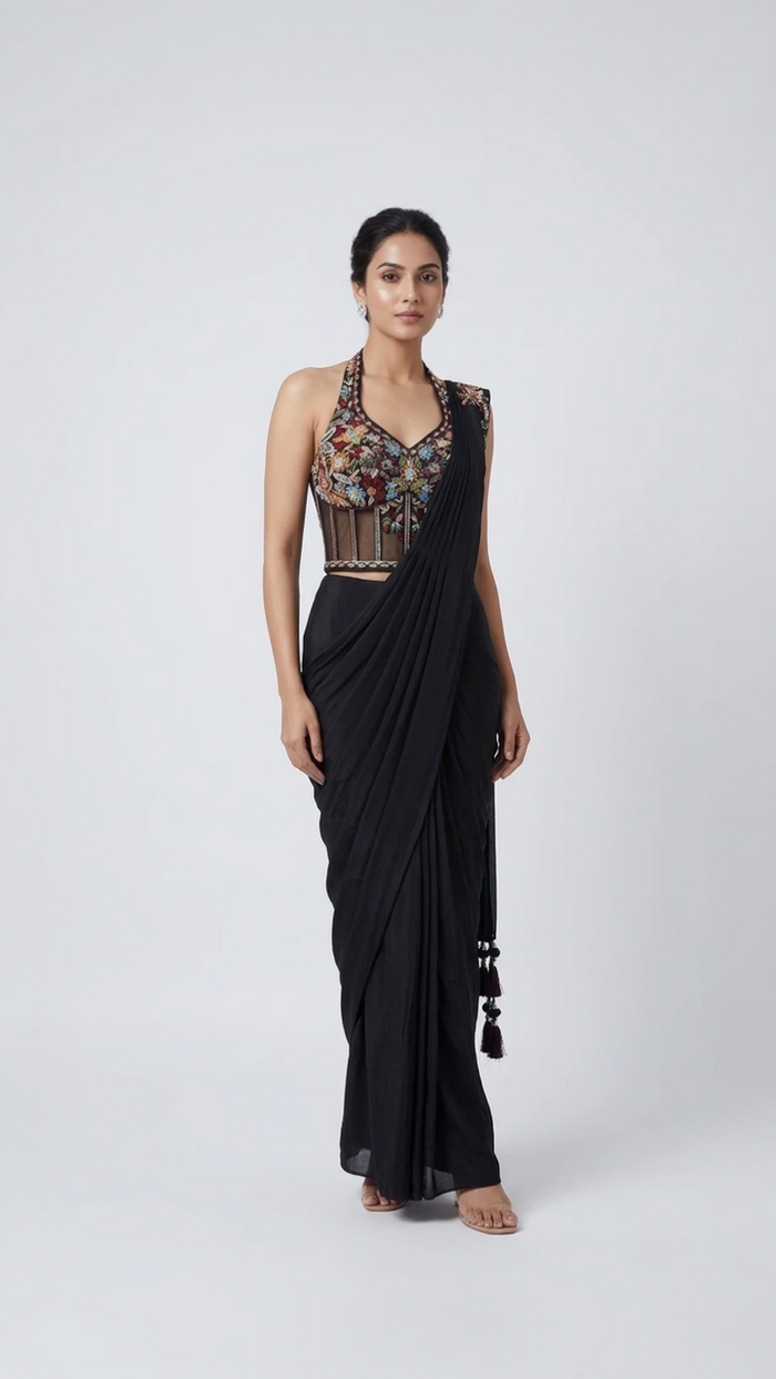 BLACK HALTER NECK CORSET READY TO WEAR SAREE