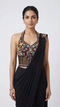 BLACK HALTER NECK CORSET READY TO WEAR SAREE