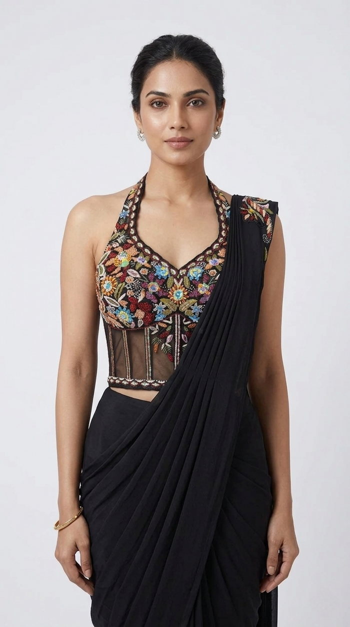 BLACK HALTER NECK CORSET READY TO WEAR SAREE