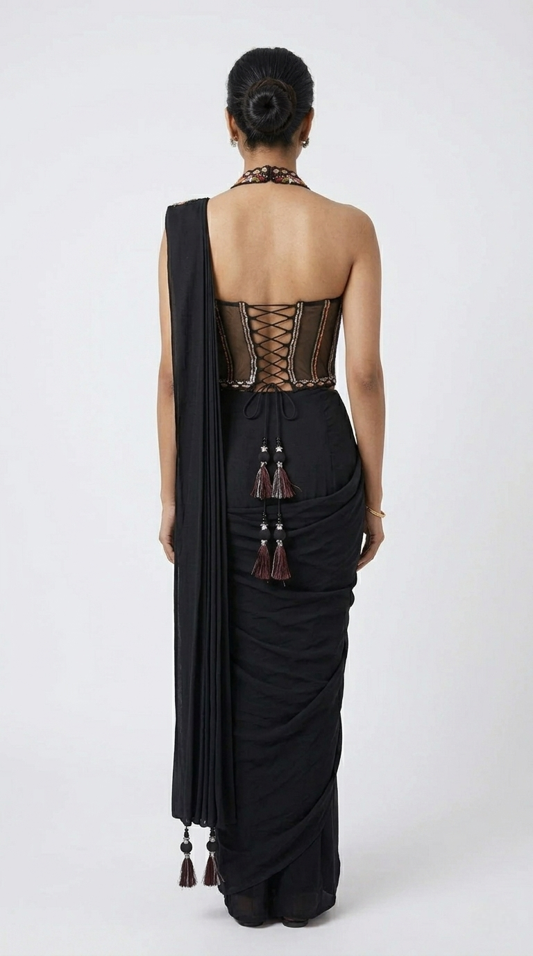 BLACK HALTER NECK CORSET READY TO WEAR SAREE