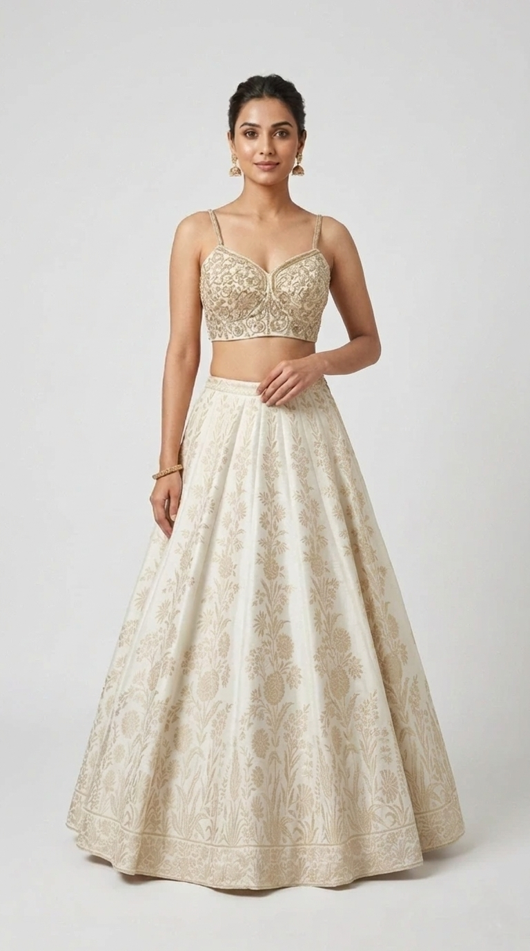 IVORY BANARASI SILK LEHENGA SET WITH ZARDOSI EMBROIDERY