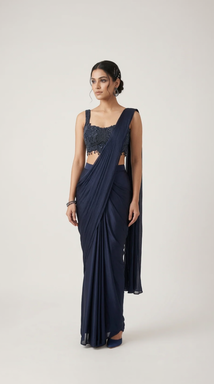 BLUE INTRICATE EMBROIDERED READY TO WEAR SAREE