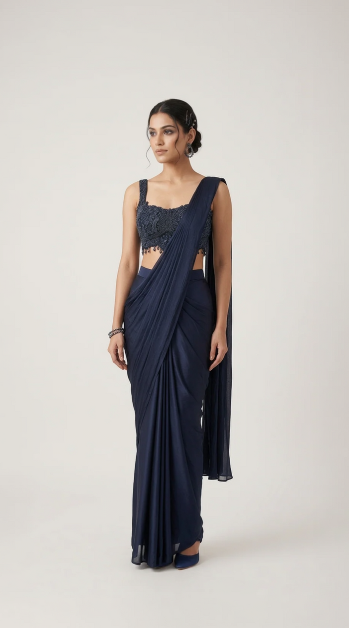 BLUE INTRICATE EMBROIDERED READY TO WEAR SAREE