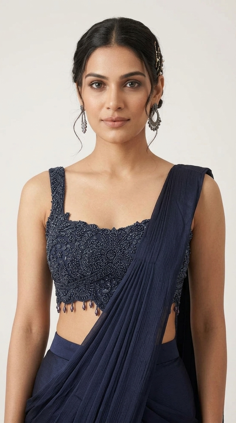 BLUE INTRICATE EMBROIDERED READY TO WEAR SAREE