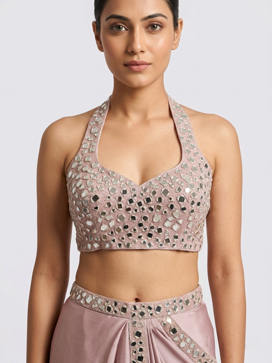 PINK HALTER NECK MIRROR EMBROIDERED READY TO WEAR SAREE