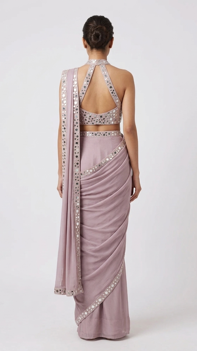 PINK HALTER NECK MIRROR EMBROIDERED READY TO WEAR SAREE