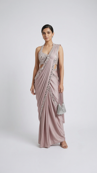 PINK HALTER NECK MIRROR EMBROIDERED READY TO WEAR SAREE