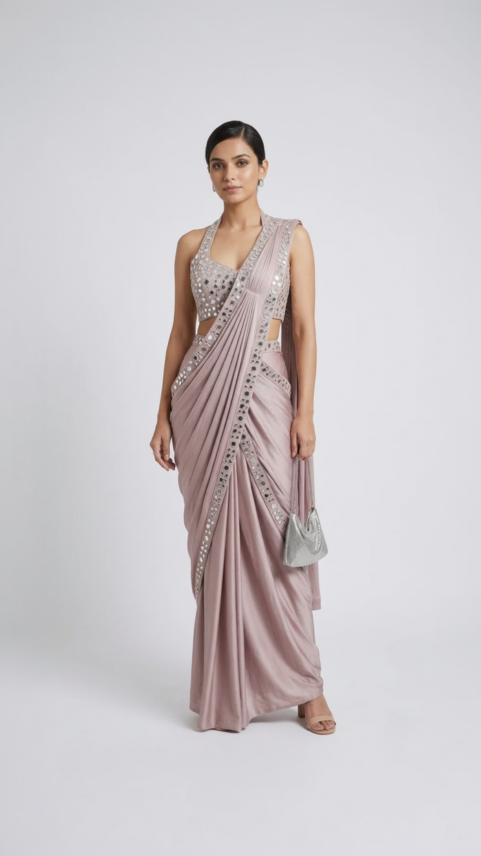 PINK HALTER NECK MIRROR EMBROIDERED READY TO WEAR SAREE