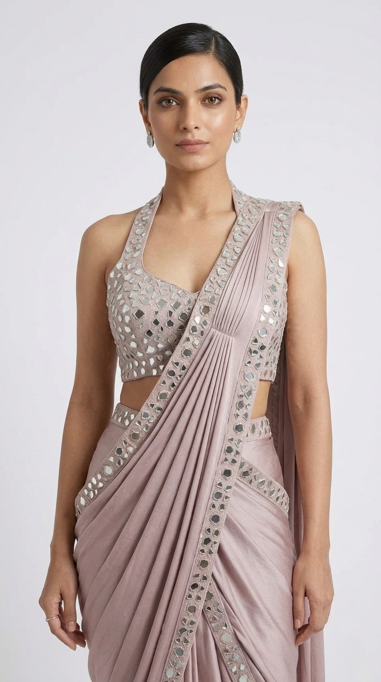 PINK HALTER NECK MIRROR EMBROIDERED READY TO WEAR SAREE