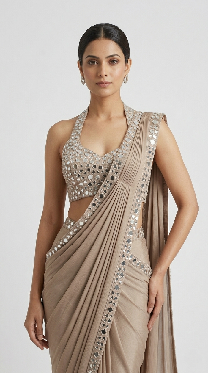 BEIGE HALTER NECK MIRROR EMBROIDERED PRE DRAPED SAREE