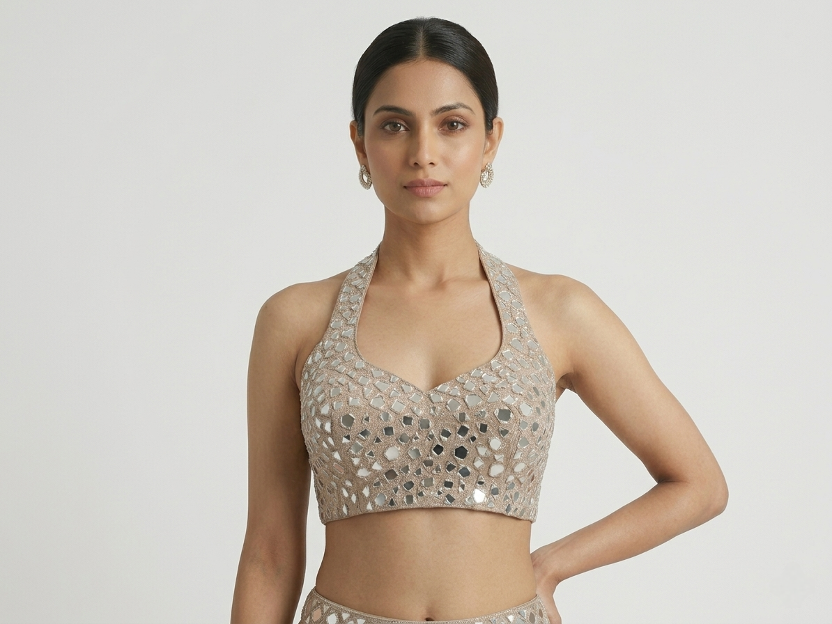 BEIGE HALTER NECK MIRROR EMBROIDERED PRE DRAPED SAREE