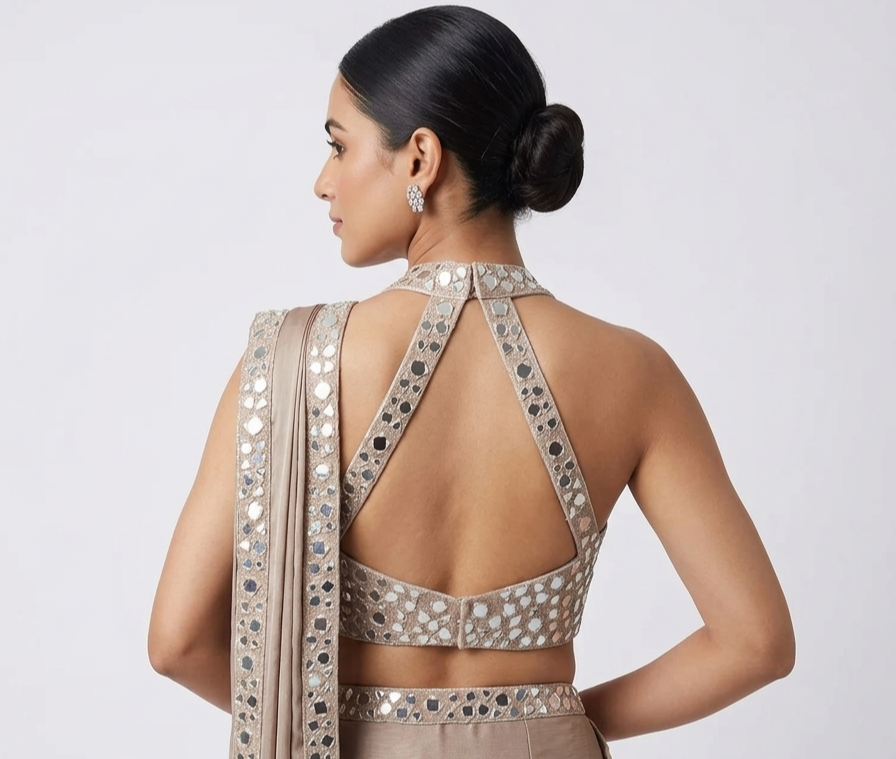 BEIGE HALTER NECK MIRROR EMBROIDERED PRE DRAPED SAREE