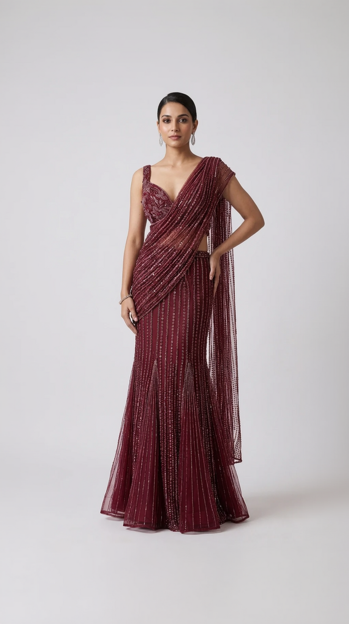 RED EMBROIDERED FISH CUT READY TO WEAR SAREE
