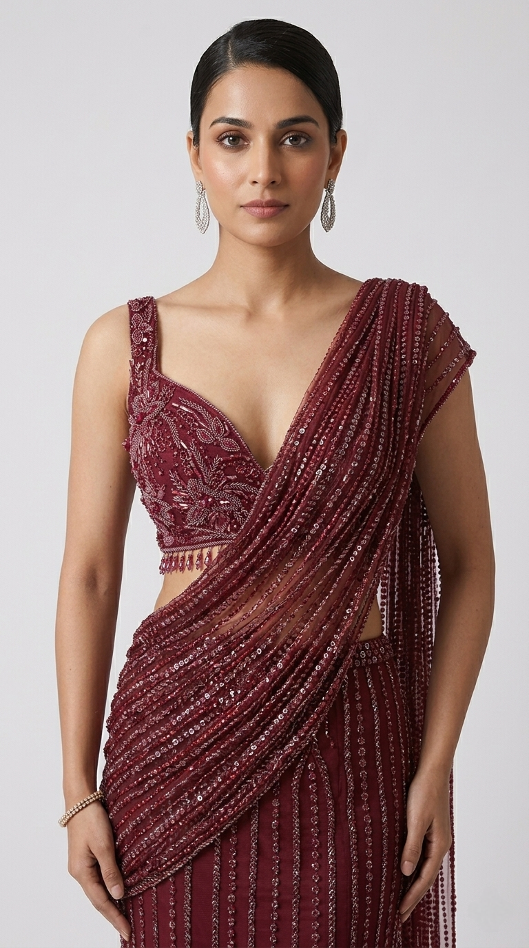 RED EMBROIDERED FISH CUT READY TO WEAR SAREE
