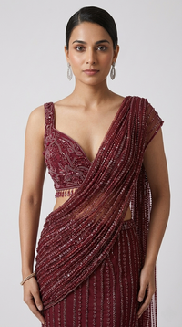 RED EMBROIDERED FISH CUT READY TO WEAR SAREE