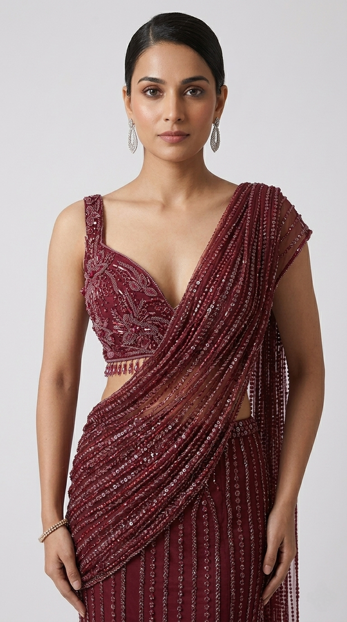 RED EMBROIDERED FISH CUT READY TO WEAR SAREE