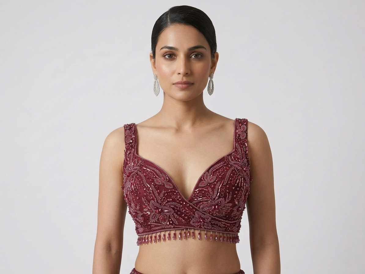 RED EMBROIDERED FISH CUT READY TO WEAR SAREE