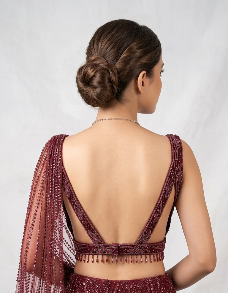 RED EMBROIDERED FISH CUT READY TO WEAR SAREE