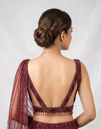 RED EMBROIDERED FISH CUT READY TO WEAR SAREE