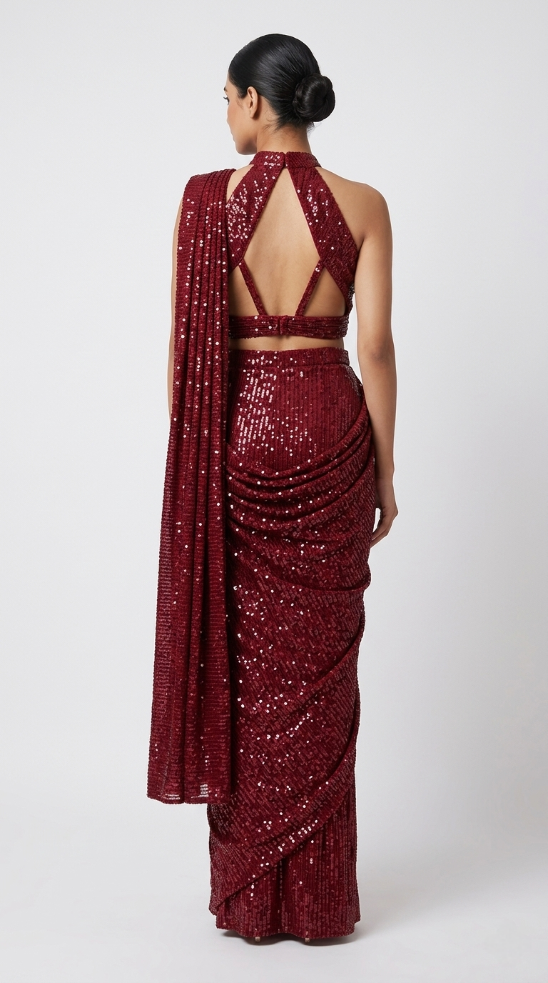 MAROON READY TO WEAR SEQUINS SAREE