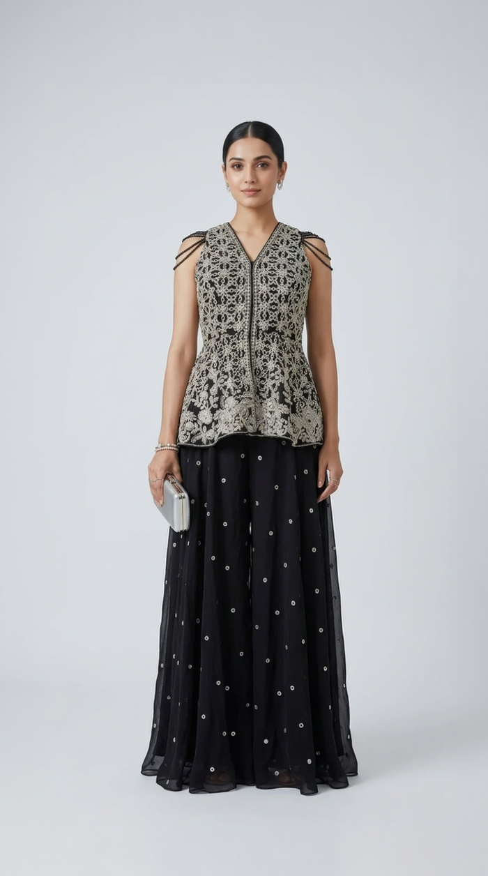 BLACK EMBROIDERED SHARARA SET