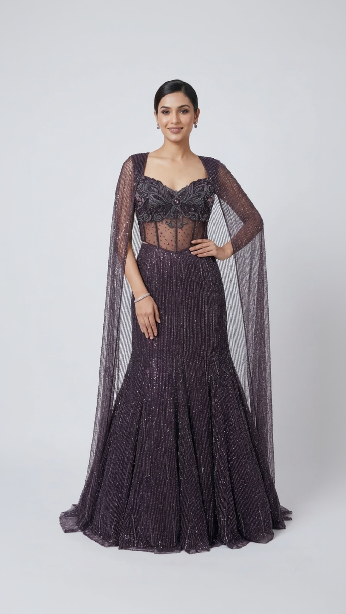 BURUNGDY INTRICATELY EMBROIDERED FISH CUT LEHENGA SET