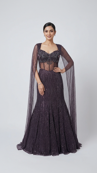 BURUNGDY INTRICATELY EMBROIDERED FISH CUT LEHENGA SET