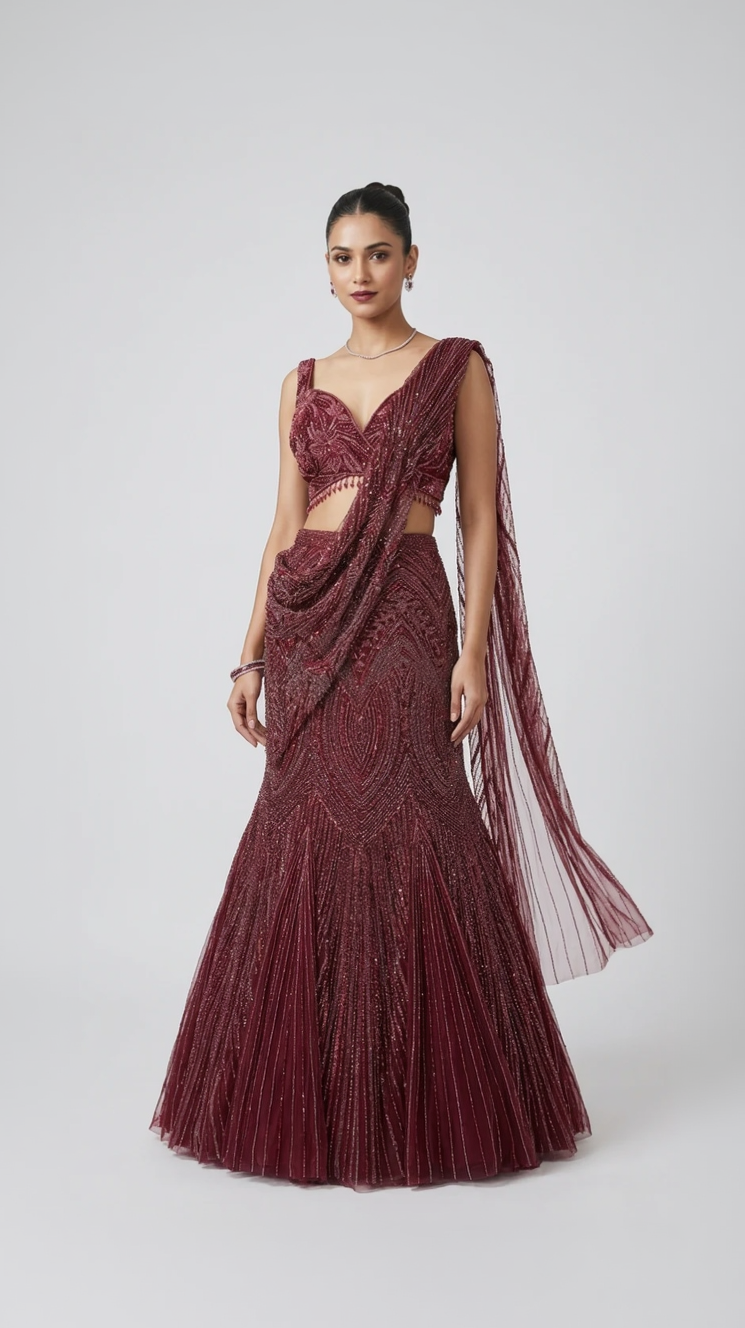 MARRON SEQUINS EMBROIDERED FISH CUT LEHENGA SAREE