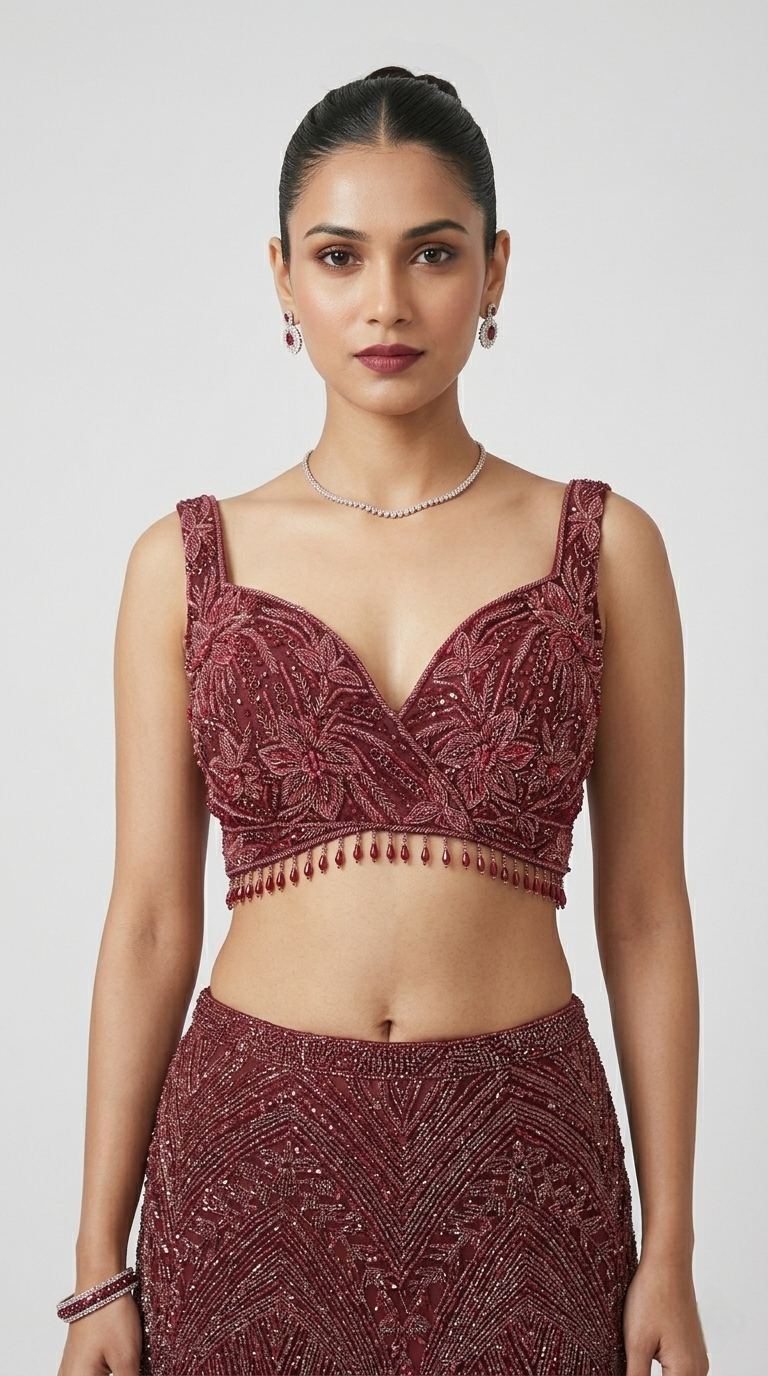 MARRON SEQUINS EMBROIDERED FISH CUT LEHENGA SAREE