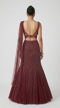 MARRON SEQUINS EMBROIDERED FISH CUT LEHENGA SAREE