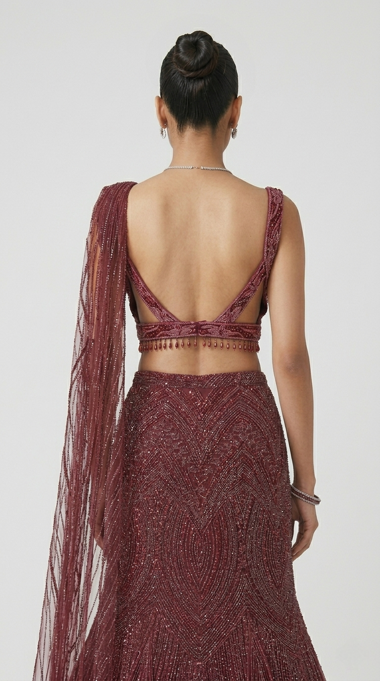 MARRON SEQUINS EMBROIDERED FISH CUT LEHENGA SAREE