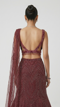MARRON SEQUINS EMBROIDERED FISH CUT LEHENGA SAREE