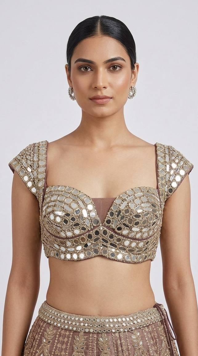 Close-up of mirror embroidered blouse with intricate handwork on a designer brown lehenga set.