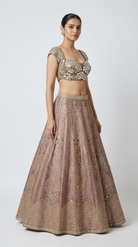 Elegant brown bridal lehenga featuring intricate embroidery, mirror work blouse and matching embroidered dupatta.