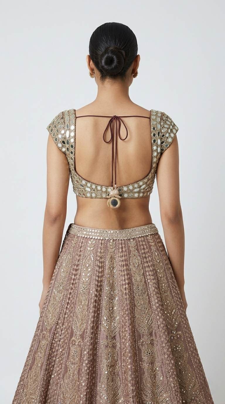 BROWN TISSUE SILK MIRROR MBROIDERED LEHENGA SET