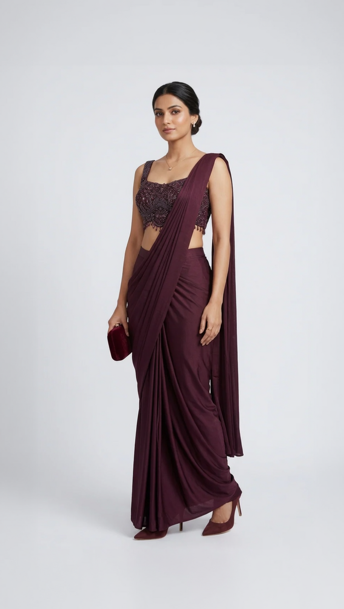 WINE INTRICATELY EMBROIDERED READY TO WEAR SAREE