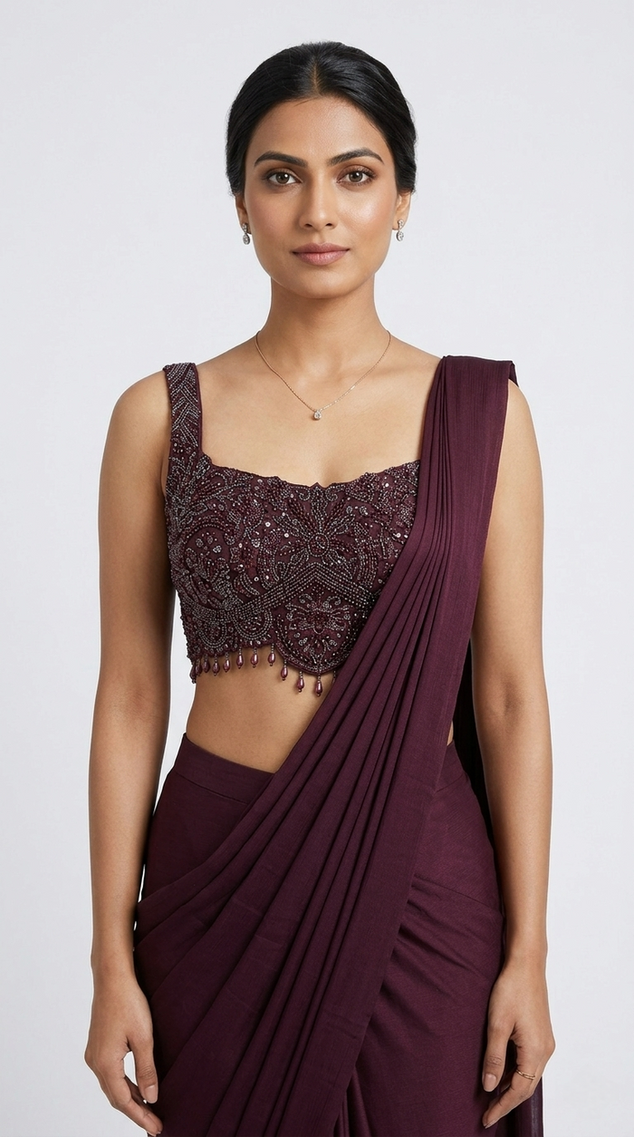 WINE INTRICATELY EMBROIDERED READY TO WEAR SAREE