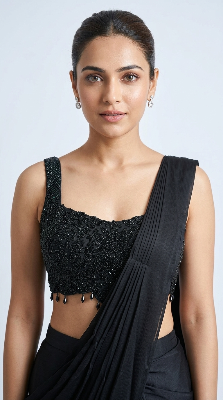 BLACK INTRICATELY EMBROIDERED READY TO WEAR SAREE