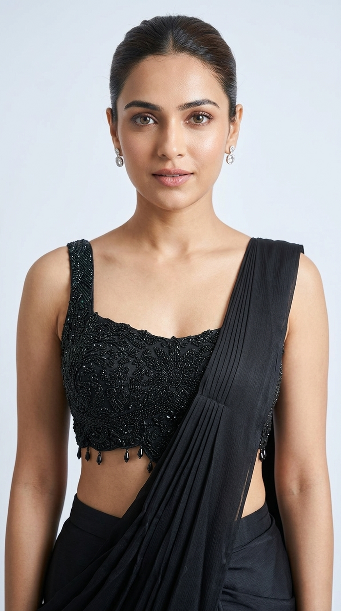 BLACK INTRICATELY EMBROIDERED READY TO WEAR SAREE