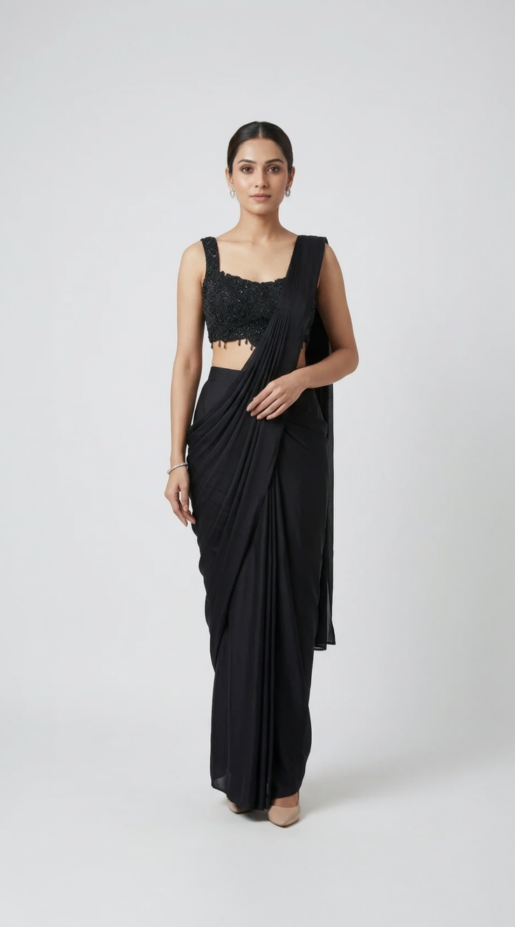BLACK INTRICATELY EMBROIDERED READY TO WEAR SAREE