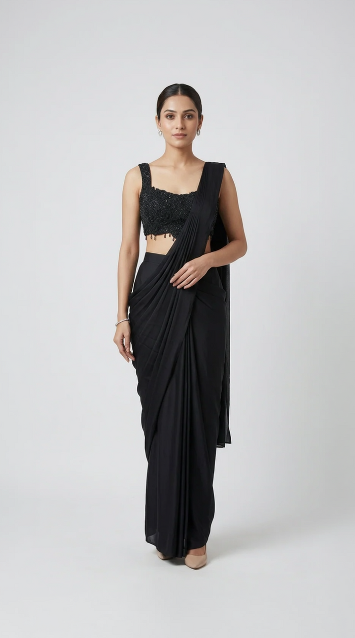 BLACK INTRICATELY EMBROIDERED READY TO WEAR SAREE