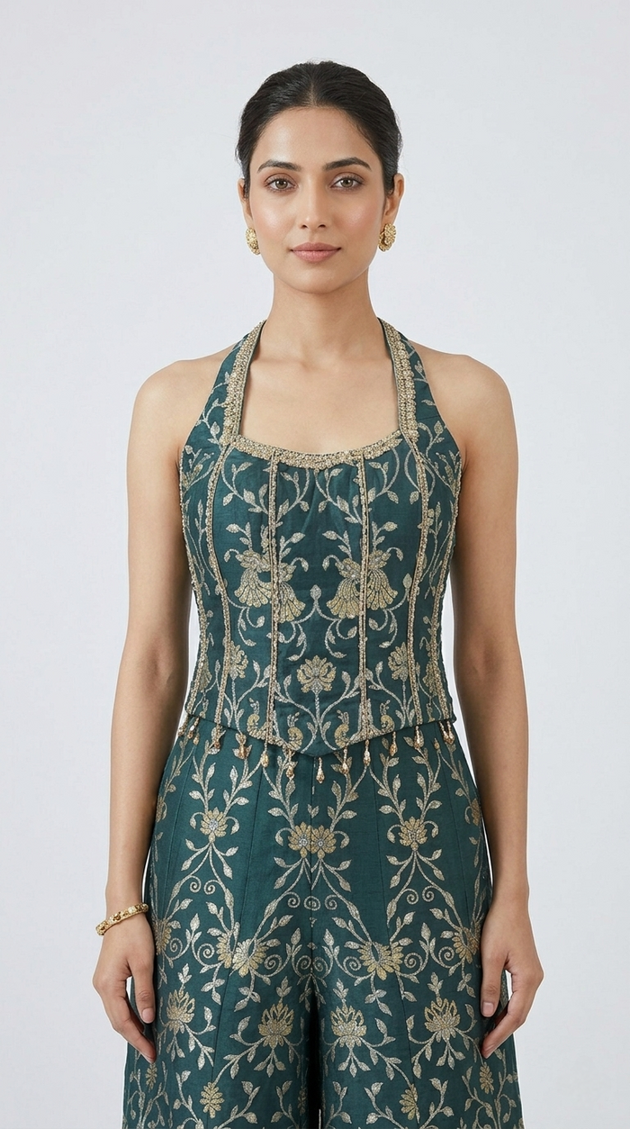 GREEN SILK ETHNIC CORSET SHARARA SET